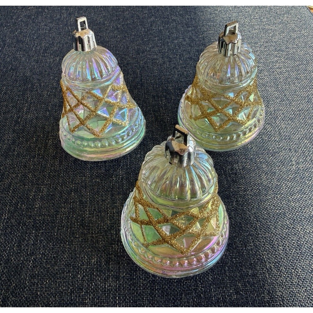 Vtg Iridescent & Gold Glitter Bell Shaped Christmas Ornaments Plastic Approx 3”